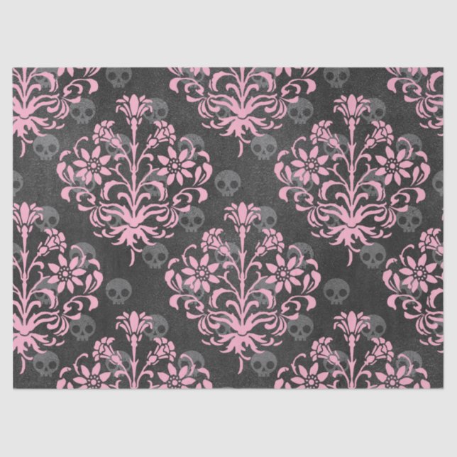 Rosa Blume Damask on Skulls on Grau Decoupage Seidenpapier (Vorderseite)