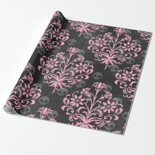 Rosa Blume Damask with Skulls on grau Geschenkpapier