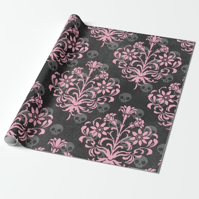 Rosa Blume Damask with Skulls on grau Geschenkpapier (Ungerollt)