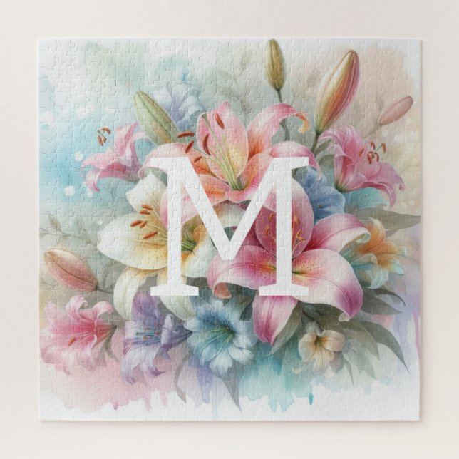 Rosa Blume der Floral Aquarell Monogramm Puzzle (Vertikal)