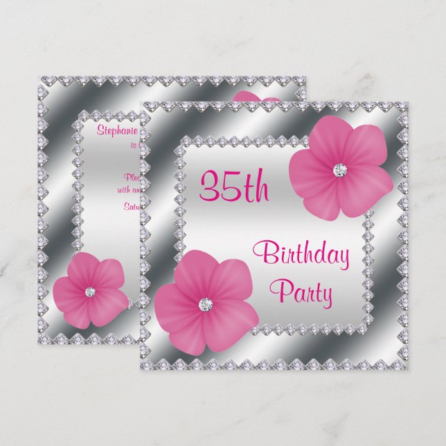 Rosa Blume & Diamanten 35. Geburtstag Einladung (Vorne/Hinten)