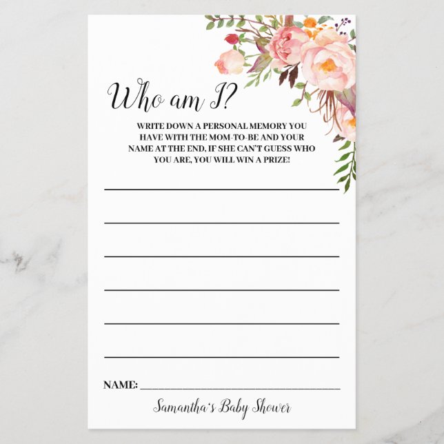 Rosa Blume, die ich bin Baby Showgame Card Flyer (Vorne)