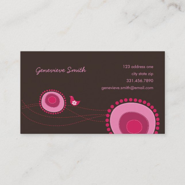 Rosa Blume Dots and Happy Bird Fun Visitenkarte / (Vorderseite)