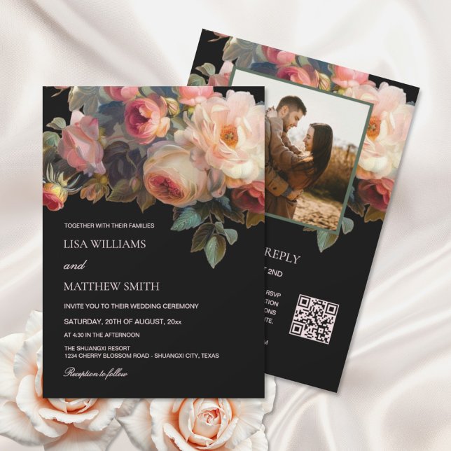 Rosa Blume Dunkle Blumen | Foto Hochzeit Einladung (Von Creator hochgeladen)