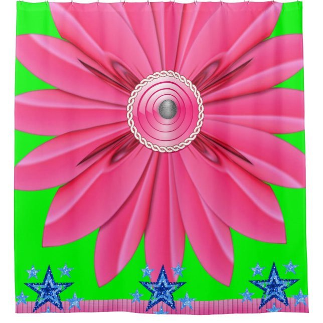 Rosa Blume Duschvorhang blaue Sterne (Vorderseite)