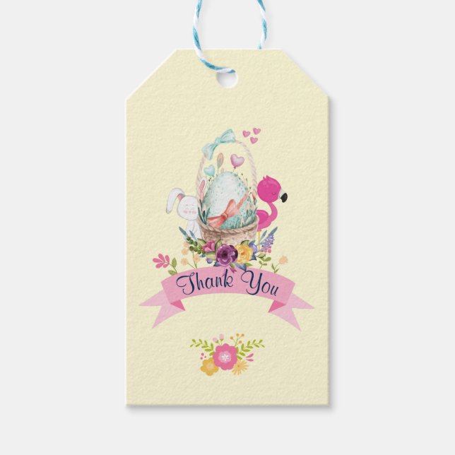 Rosa Blume, Ei, Flamingo & Bunny Danke Geschenkanhänger (Vorderseite)