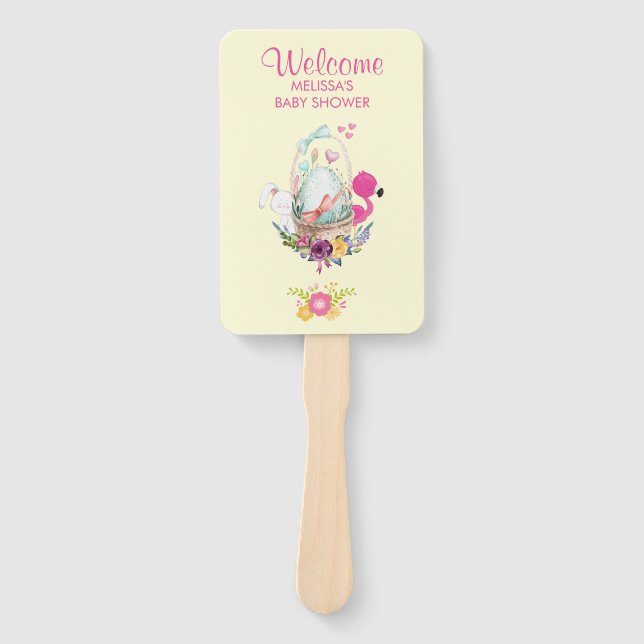 Rosa Blume, Ei, Flamingo & Bunny Watercolor Fächer (Vorderseite)