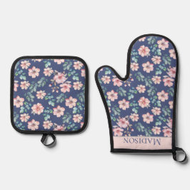 Rosa Blume Elegantes Muster Ofenhandschuh & Topflappen-Set