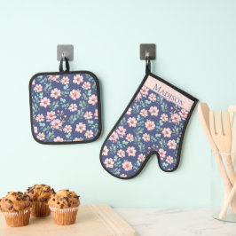 Rosa Blume Elegantes Muster Ofenhandschuh & Topflappen-Set