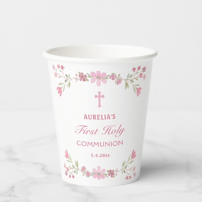 Rosa Blume Erste Kommune Pappbecher (Vorderseite)