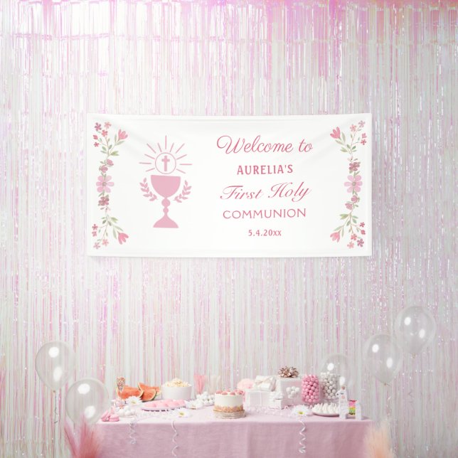 Rosa Blume Erste Kommune Willkommen Banner (Party)
