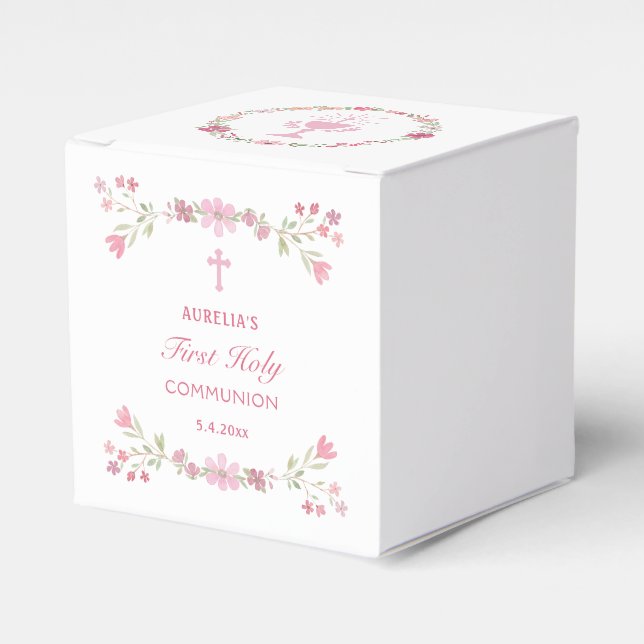 Rosa Blume Erster Kommunus Cube Geschenkschachtel (Vorderseite)
