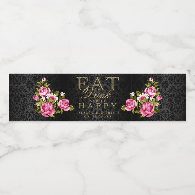 Rosa Blume - essen, trinken und sein (Ihren Text h Wasserflaschenetikett (Einzelnes Label)