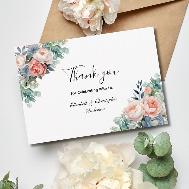 Rosa Blume Eukalyptus Wedding Dankeskarte (Pink Blue Floral Eucalyptus Watercolor Elegant Wedding Thank you card)
