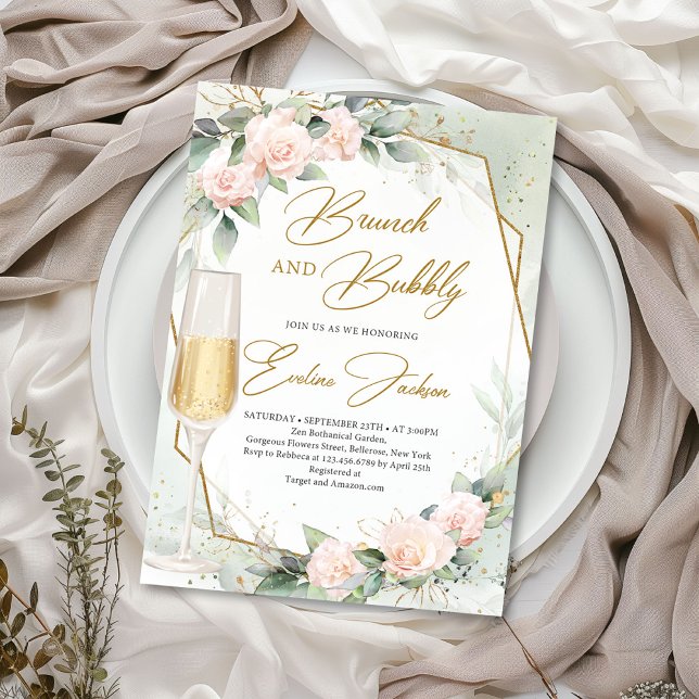 Rosa Blume Eukalyptusbrunch und Blubus Einladung (Watercolor delicate blush roses eucalyptus and gold frame brunch and bubbly invitation template)