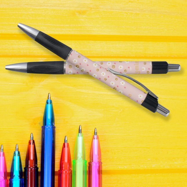 Rosa Blume Farbiges Retromuster personalisiert Kugelschreiber (Pink flower Colorful retro pattern personalized Pen)