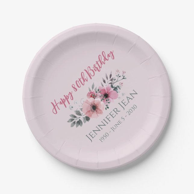Rosa Blume Floral 80. Geburtstag Paper Teller (Vorderseite)