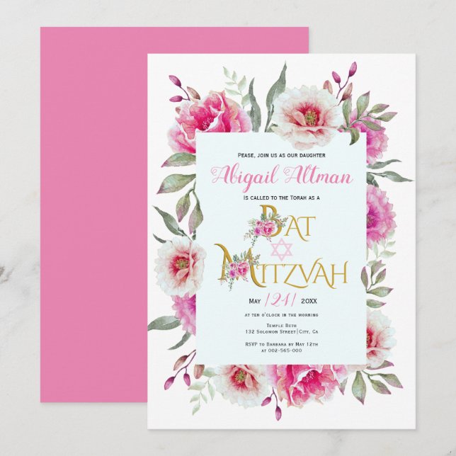 Rosa Blume florales Bat Mitzvah Einladung (Vorne/Hinten)
