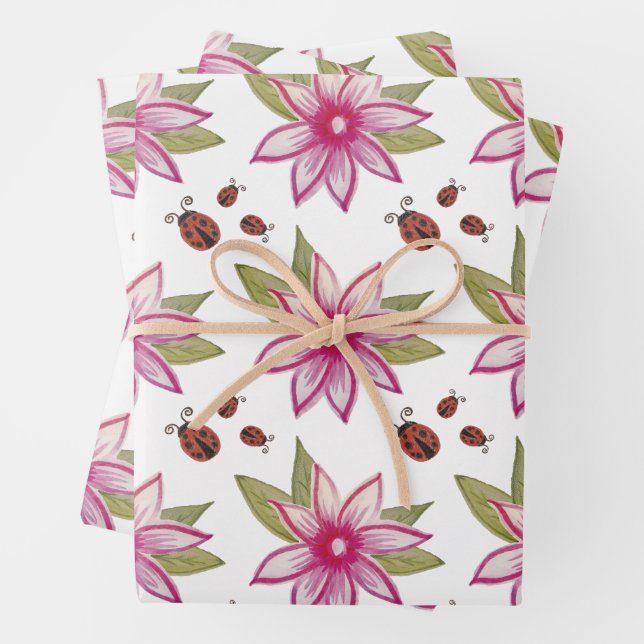 Rosa Blume Frühjahr Ladybugs Geschenkpapier Set (Beispiel)
