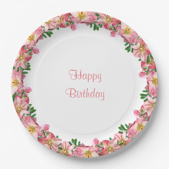 Rosa Blume Garland auf White Happy Birthday Pappteller (Vorderseite)