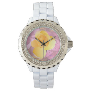 Rosa Blume Gelb Rosa Weiße Kristall Schauen Armbanduhr
