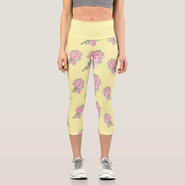Rosa Blume gelbes Muster Capri Leggings (Vorderseite)