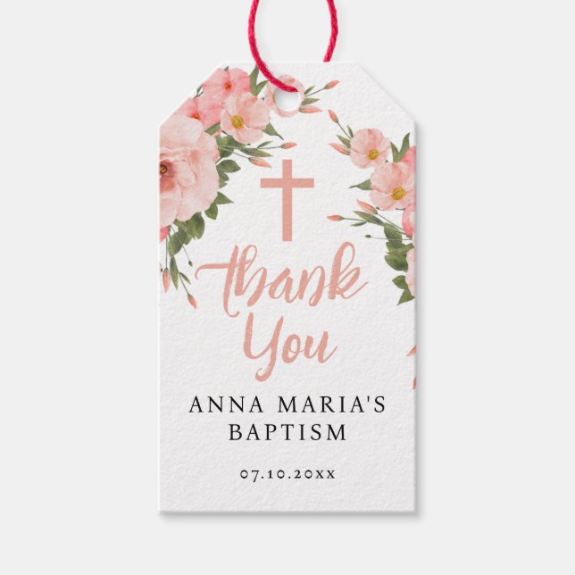 Rosa Blume Girl Baptisk Danke Geschenkanhänger (Vorderseite)
