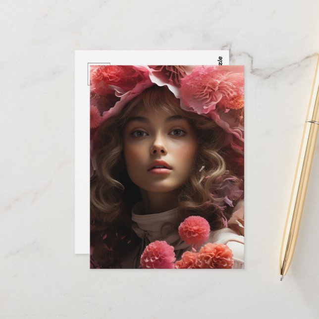 Rosa Blume Girl Postkarte (Vorderseite/Rückseite Beispiel)