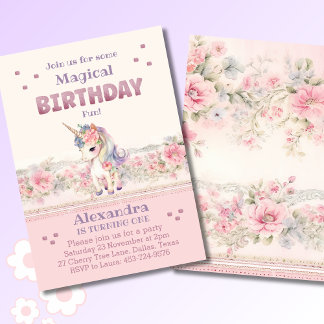 Rosa Blume Girl Unicorn 1. Geburtstag Party Einladung