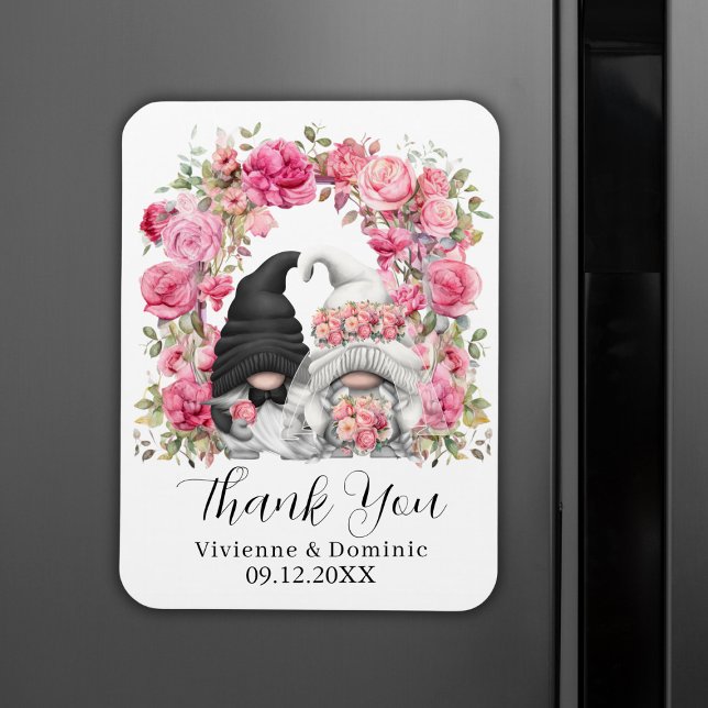 Rosa Blume Gnome Wedding Danke Karte Magnet (Pink Flowers Gnome Wedding Thank You Card Magnet
)