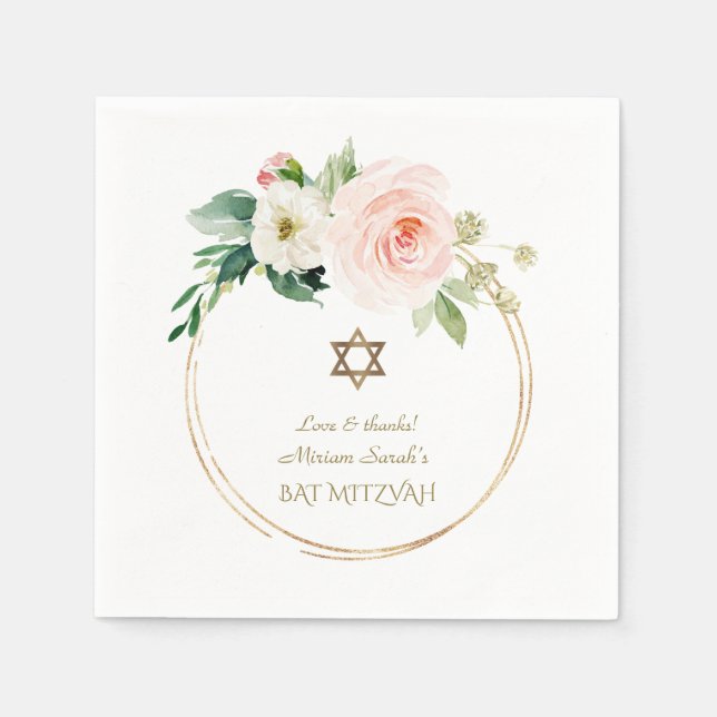 Rosa Blume Gold Bat Mitzvah Serviette (Vorderseite)