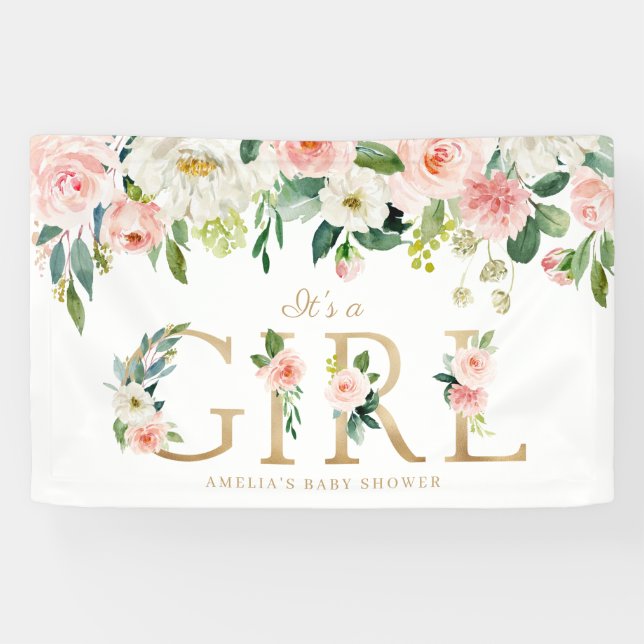 Rosa Blume Gold Es ist eine Girl Baby Dusche Banner (Horizontal)