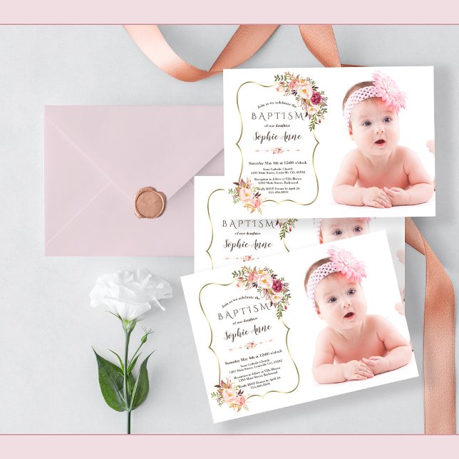 Rosa Blume Gold Girl Foto Taufe Einladung (trendy girl baptism photo invitation, elegant pink floral baptism photo, modern baptism)
