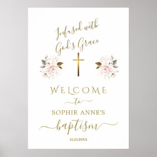 Rosa Blume Gold Girl Taufe Begrüßungszeichen Poster