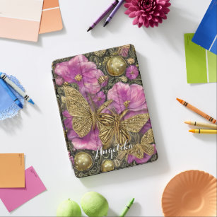 Rosa Blume Gold Schmetterlinge Personalisierter Na iPad Air Hülle