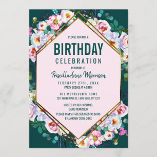 Rosa Blume Gold Trim Emerald Jade Birthday Einladung