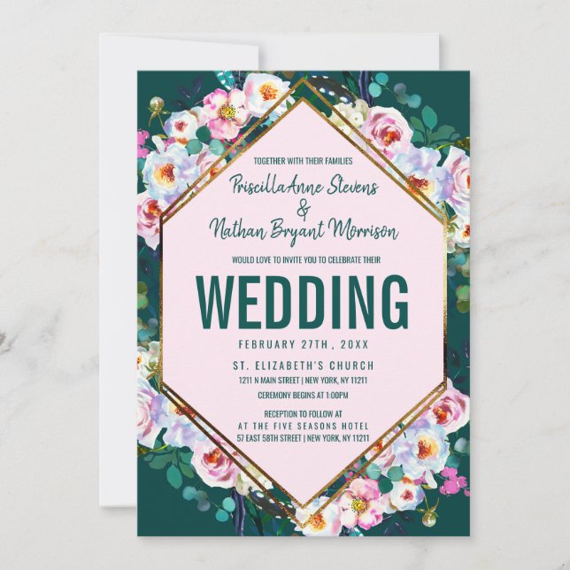 Rosa Blume Gold Trim Emerald Jade Hochzeit Einladung (Vorderseite)