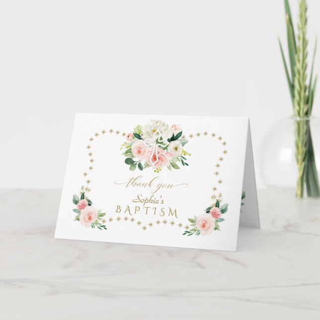 Rosa Blume Goldmedaille Glitzer Glitzern Taufen Dankeskarte (Vorderseite)