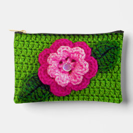 Rosa Blume Grass Green Leaf Kunsthandwerk Crochet  Zubehörtasche