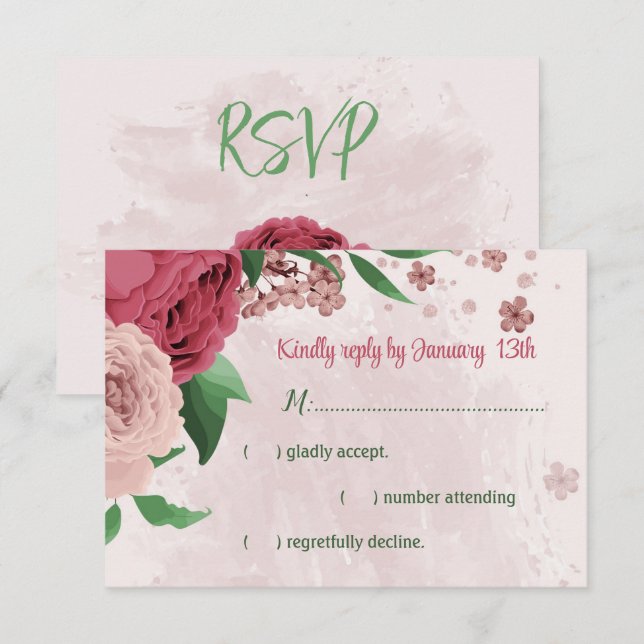 Rosa Blume Grün Blätter botanische Hochzeit RSVP Karte (Vorne/Hinten)