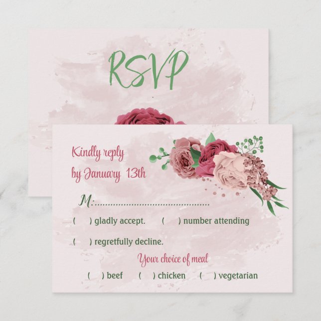 Rosa Blume Grün Blätter botanische Hochzeit RSVP Karte (Vorne/Hinten)