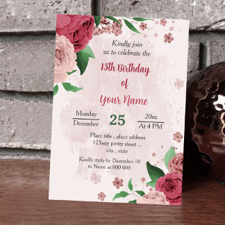 Rosa Blume Grün Blätter botanischer Geburtstag Einladung