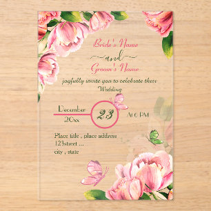 Rosa Blume Grün Blätter Schmetterlinge Hochzeit Acryleinladungen