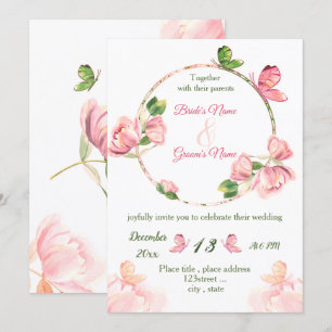 Rosa Blume Grün Blätter Schmetterlinge Hochzeit Einladung