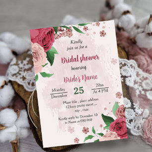 Rosa Blume Grüne Blätter botanisches Brautparty Einladung
