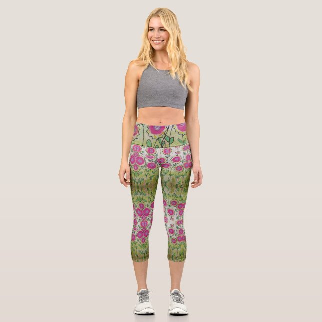 Rosa Blume Grüne Blätter Capri Leggings (Vorderseite)