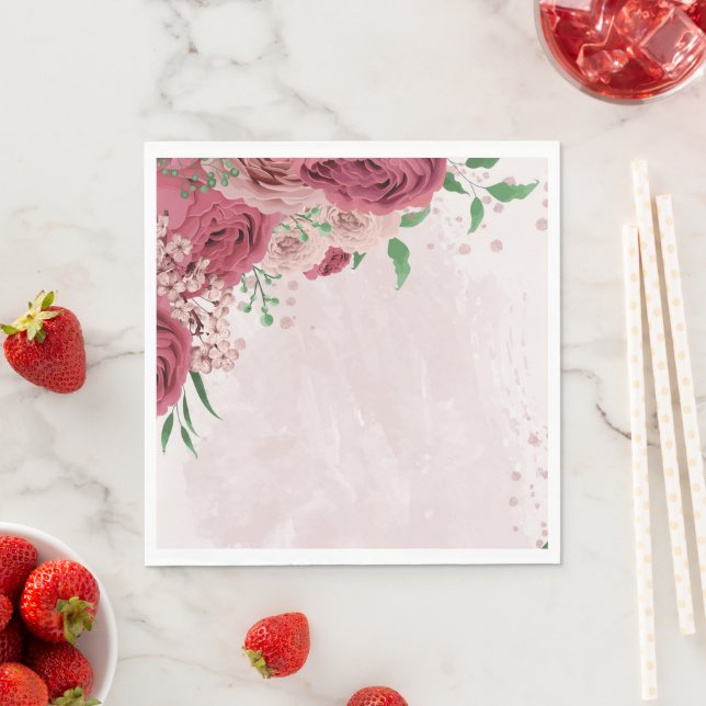 Rosa Blume Grüne Blätter Hochzeit Serviette (Beispiel)