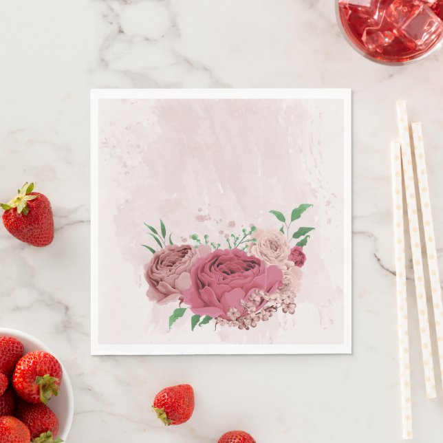 Rosa Blume Grüne Blätter Hochzeit Serviette (Beispiel)