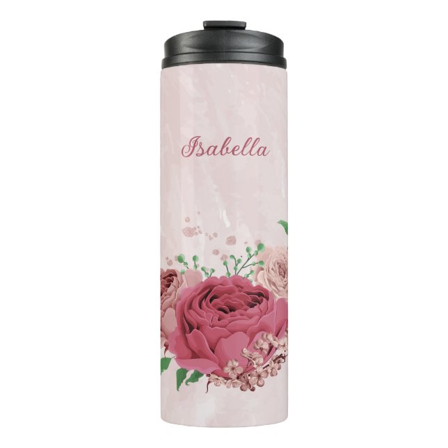 Rosa Blume Grüne Blätter Hochzeit Thermosbecher (Vorderseite)