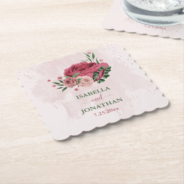 Rosa Blume Grüne Blätter Hochzeit Untersetzer (angewinkelt)